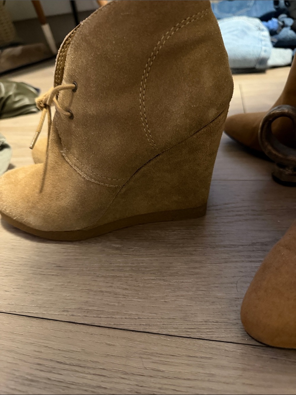 Nine West Tan Suede Lace-Up Wedge Bootie